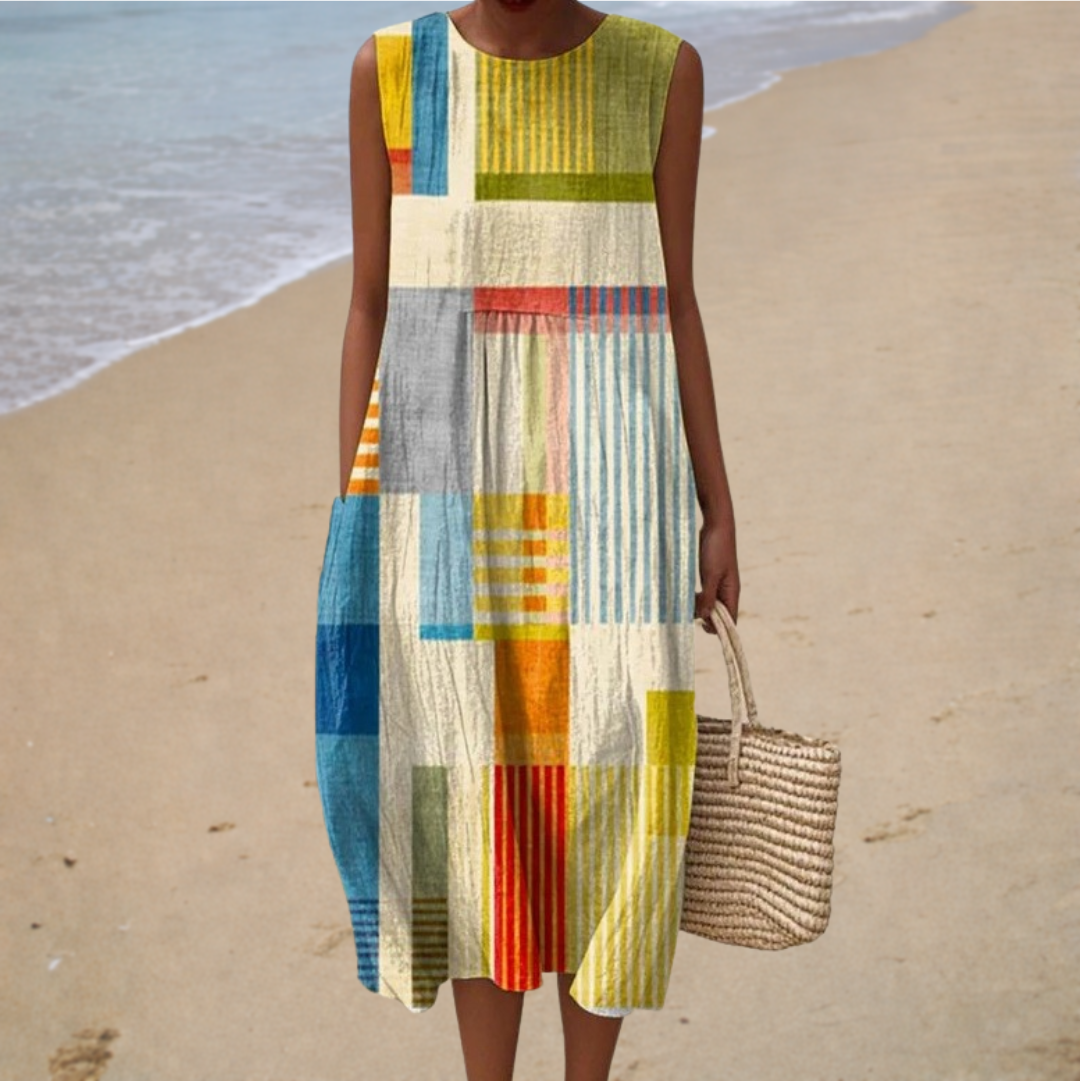 Robe Midi Femme Sans Manches Patchwork Multicolore
