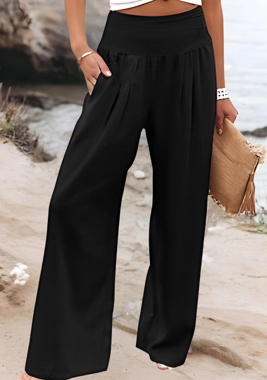 Wide Leg Women's Pants High Waist with Ruched Waistband