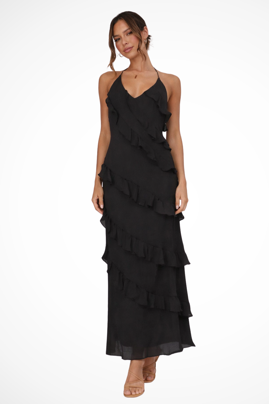 Robe longue d'été femme à col halter avec volants