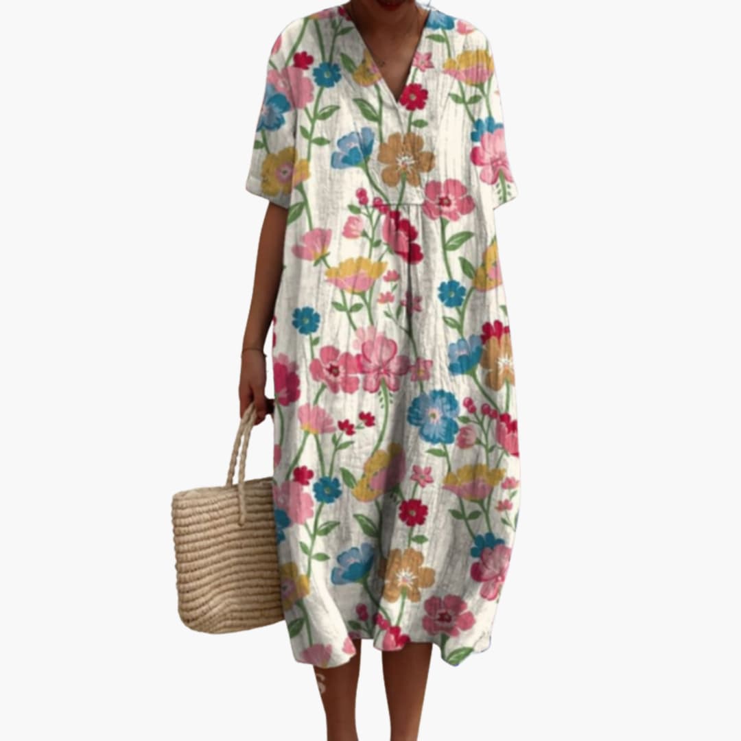 Robe Midi Fleurie Décontractée à Col V pour Femme