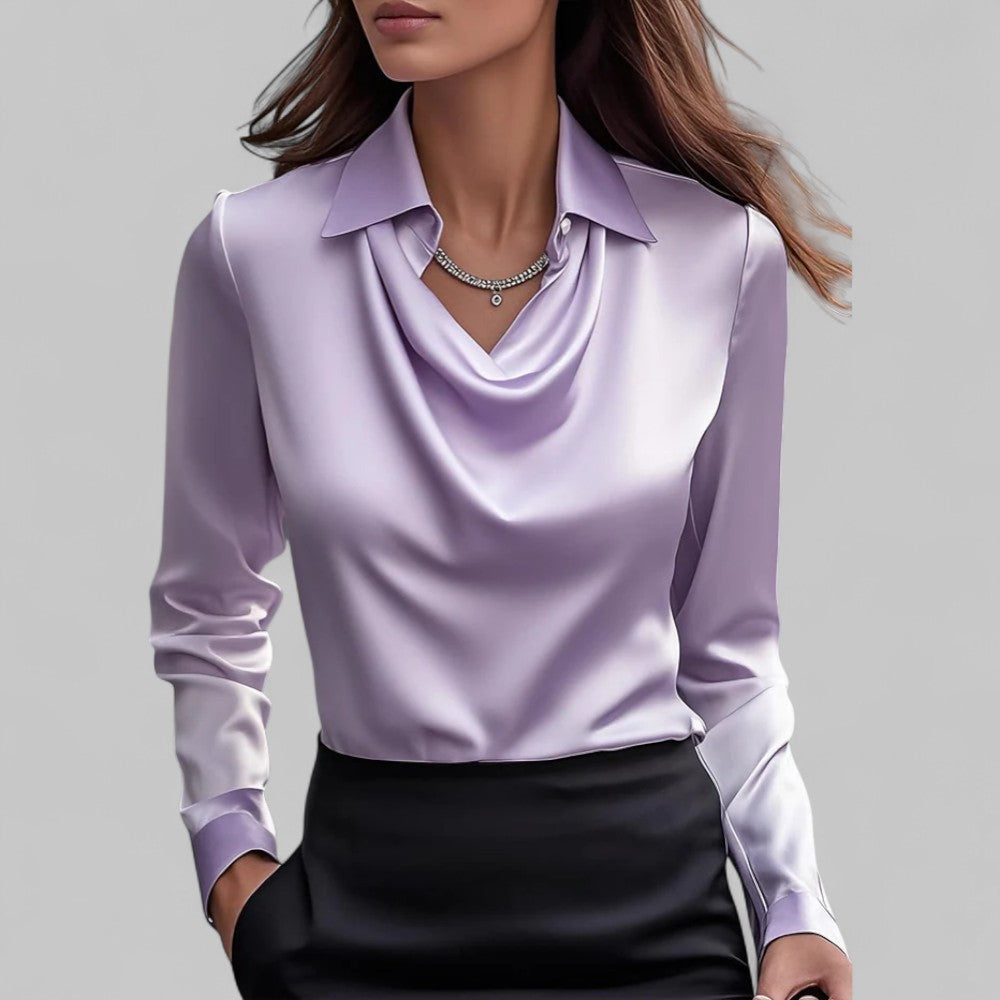 Rose| Satin Long-Sleeve Draped Collar Blouses for Women