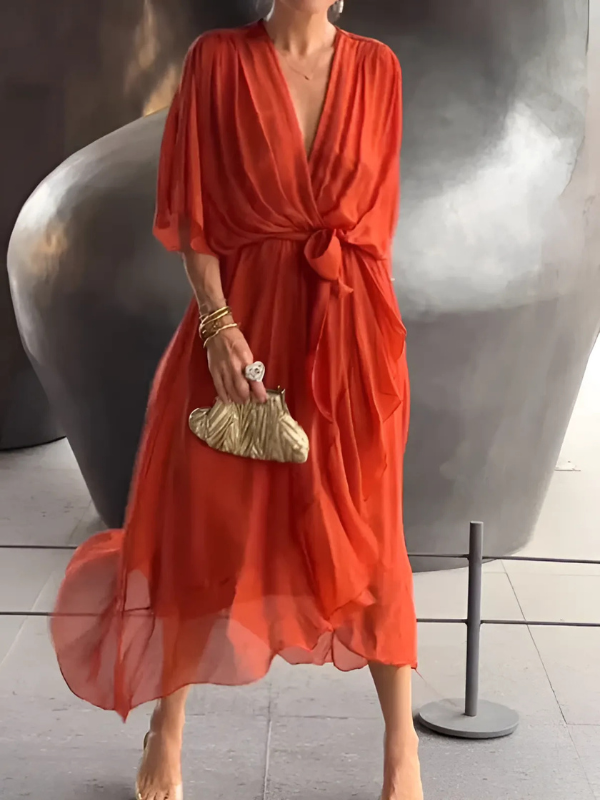 Robe midi fluide pour femme, col en V et manches chauve-souris