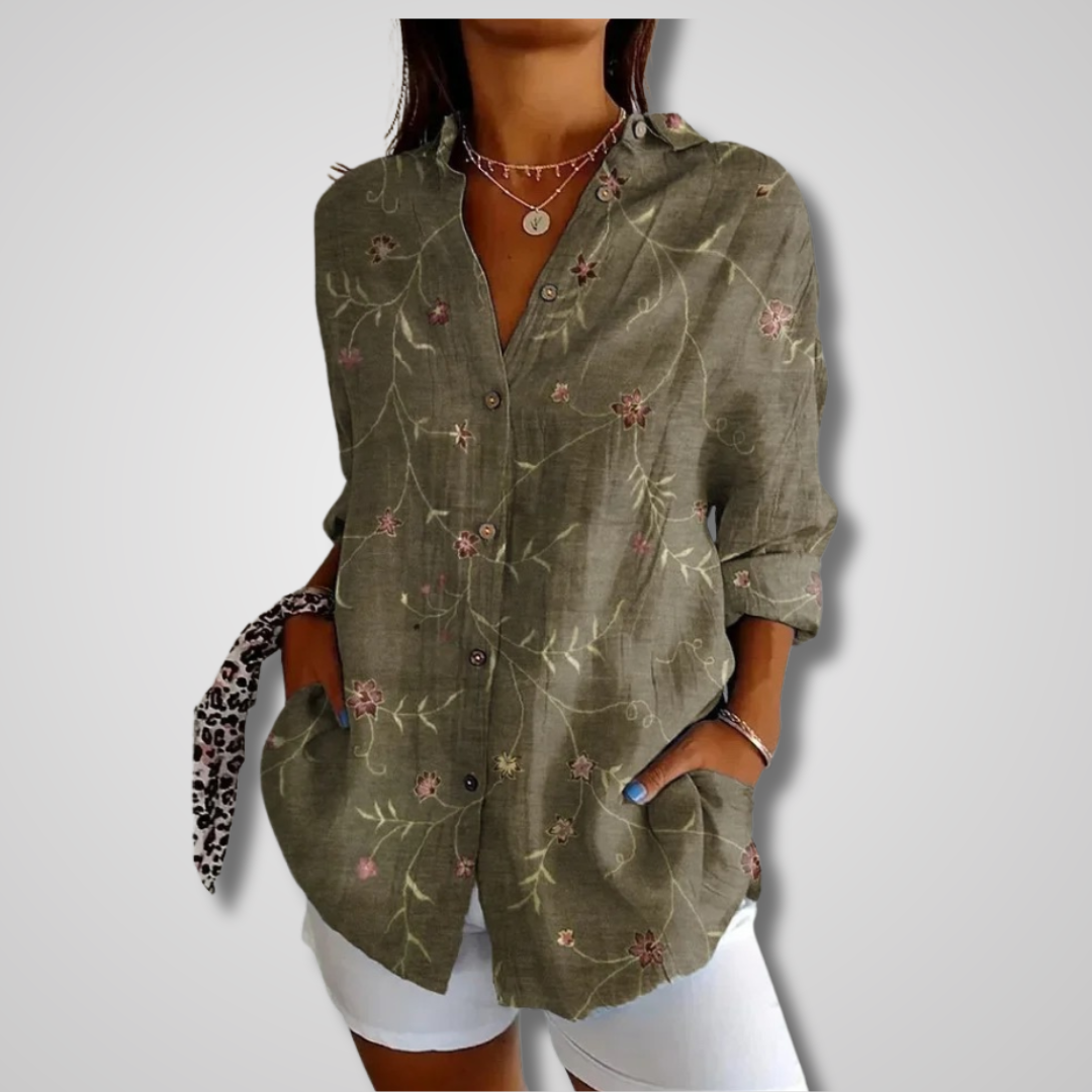 Chemisier Décontracté à Imprimé Floral Artistique avec Col Chemise et Coupe Ample