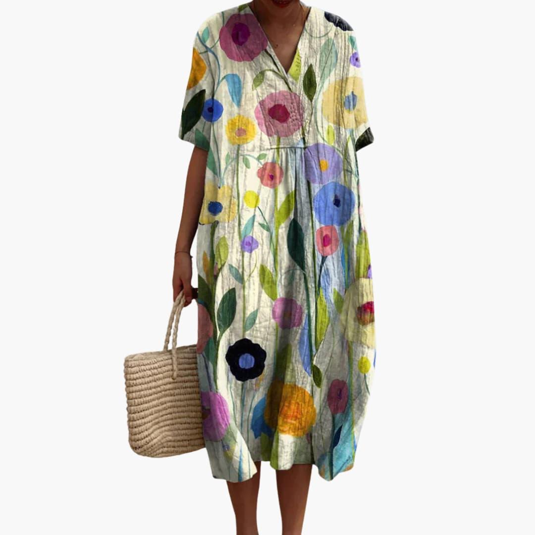Robe Midi Fleurie Décontractée à Col V pour Femme