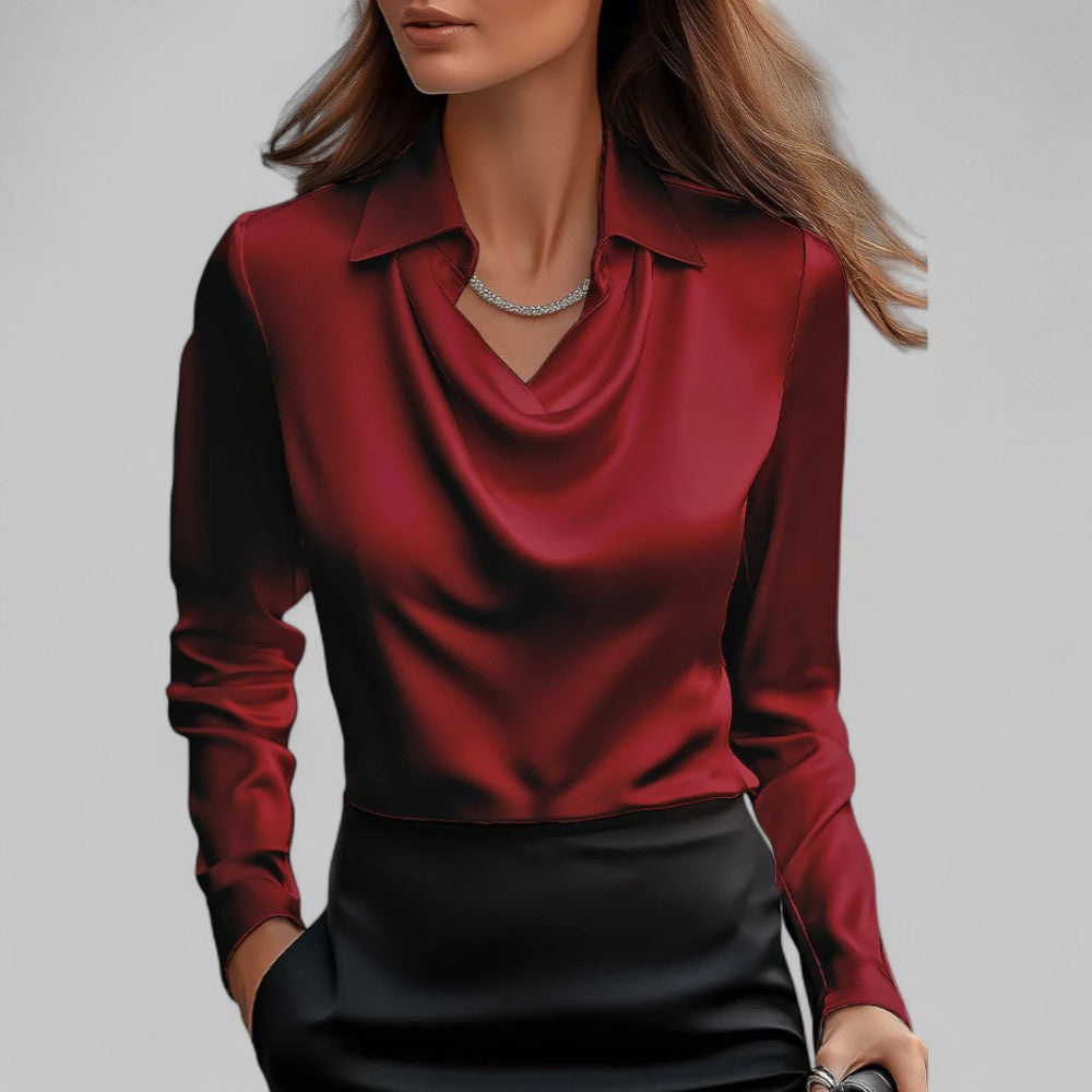Rose| Satin Long-Sleeve Draped Collar Blouses for Women