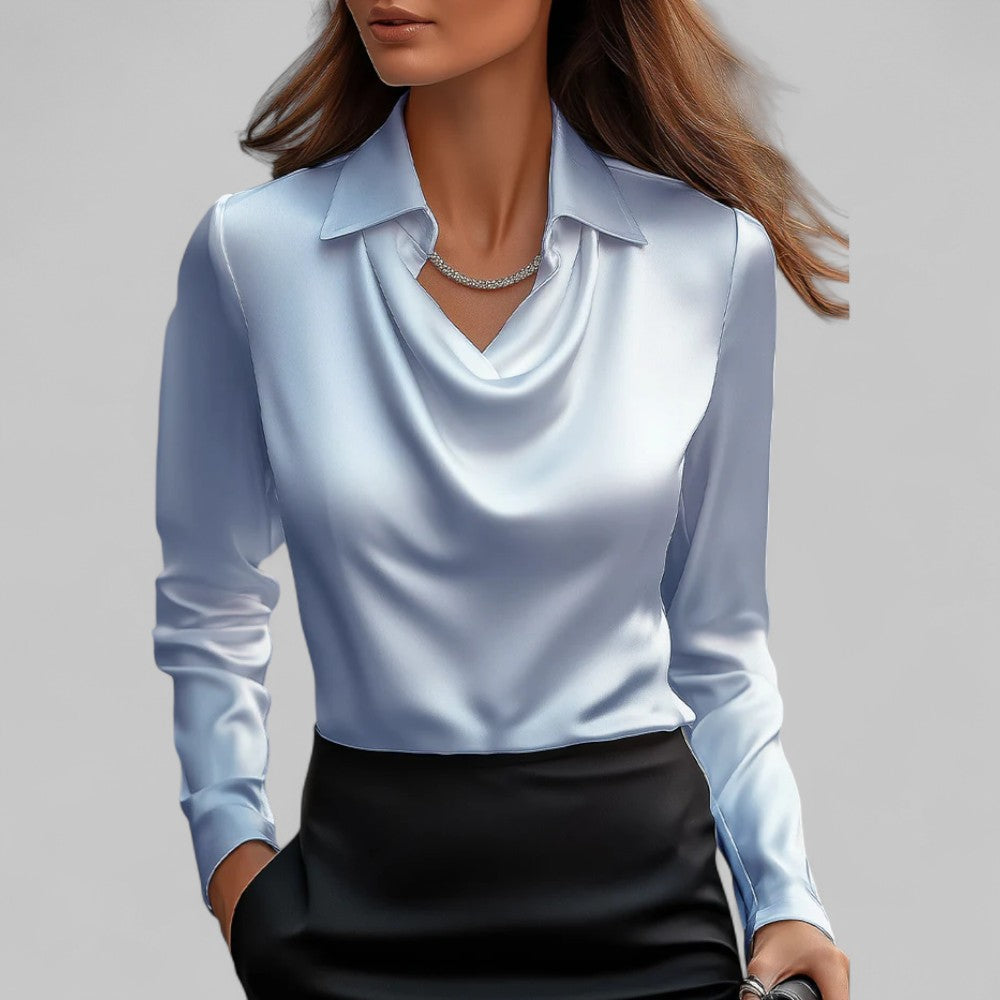 Rose| Satin Long-Sleeve Draped Collar Blouses for Women