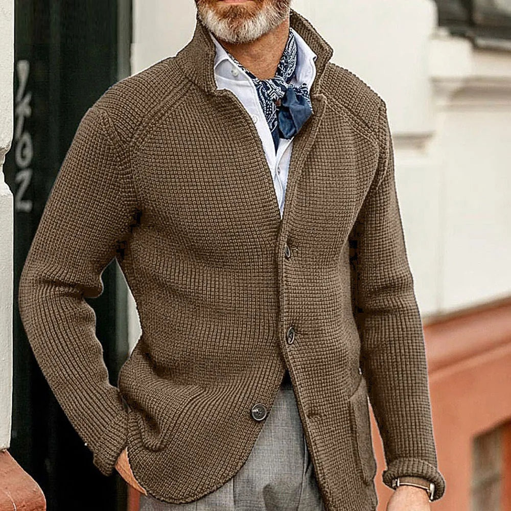 Men’s buttoned-up cardigan with a stand-up collar