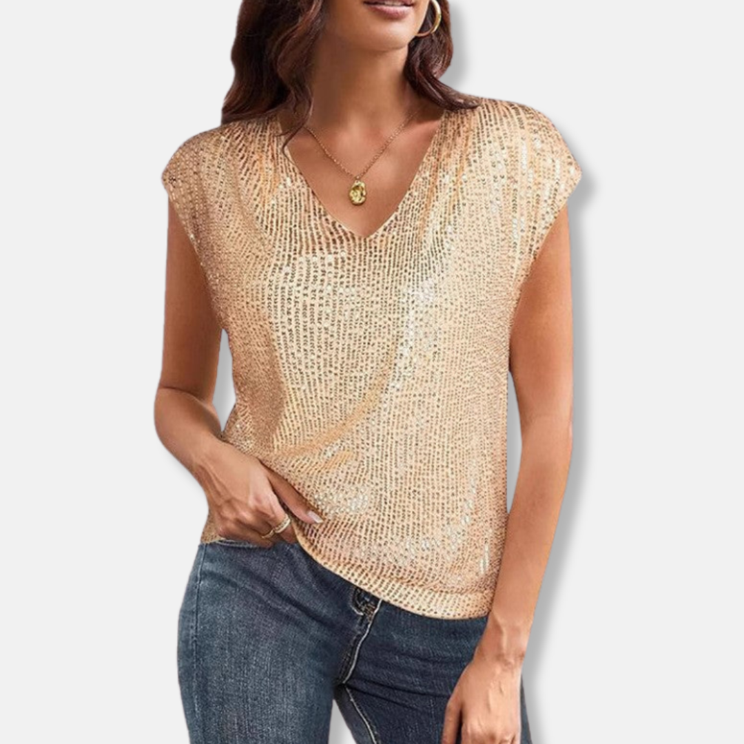 Women's Sequin Top with V-Neck and Short Sleeves
