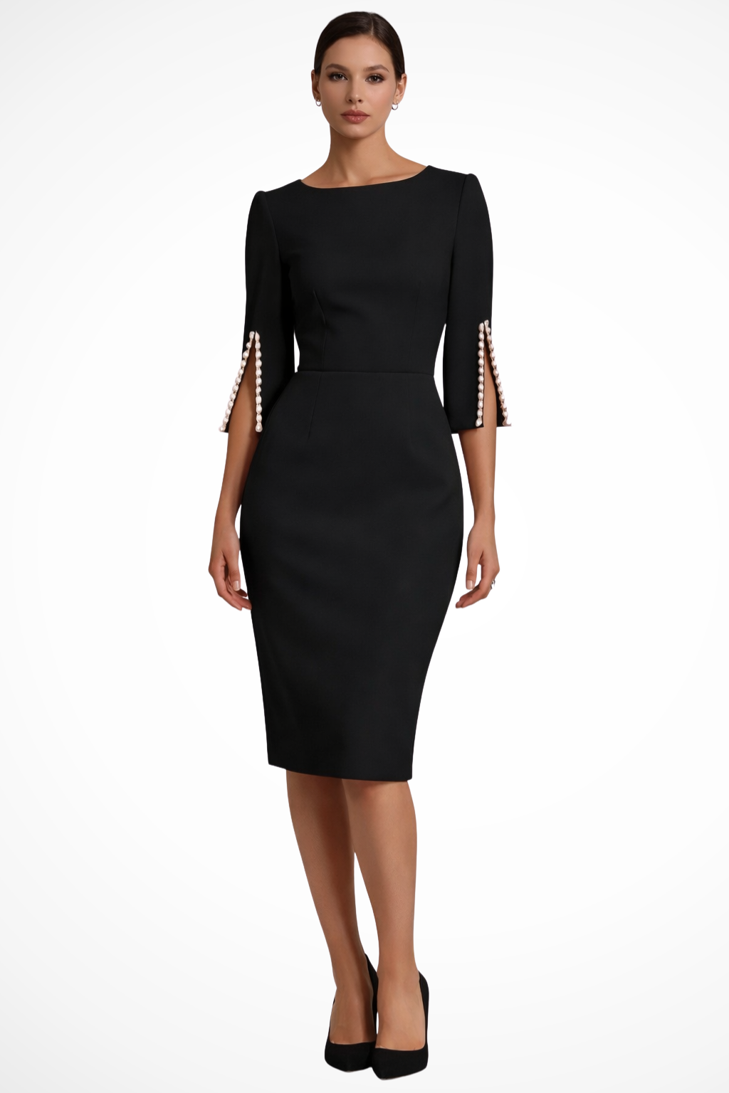 Robe Crayon Élégante Femme à Manches 3/4 avec Détails Perlés