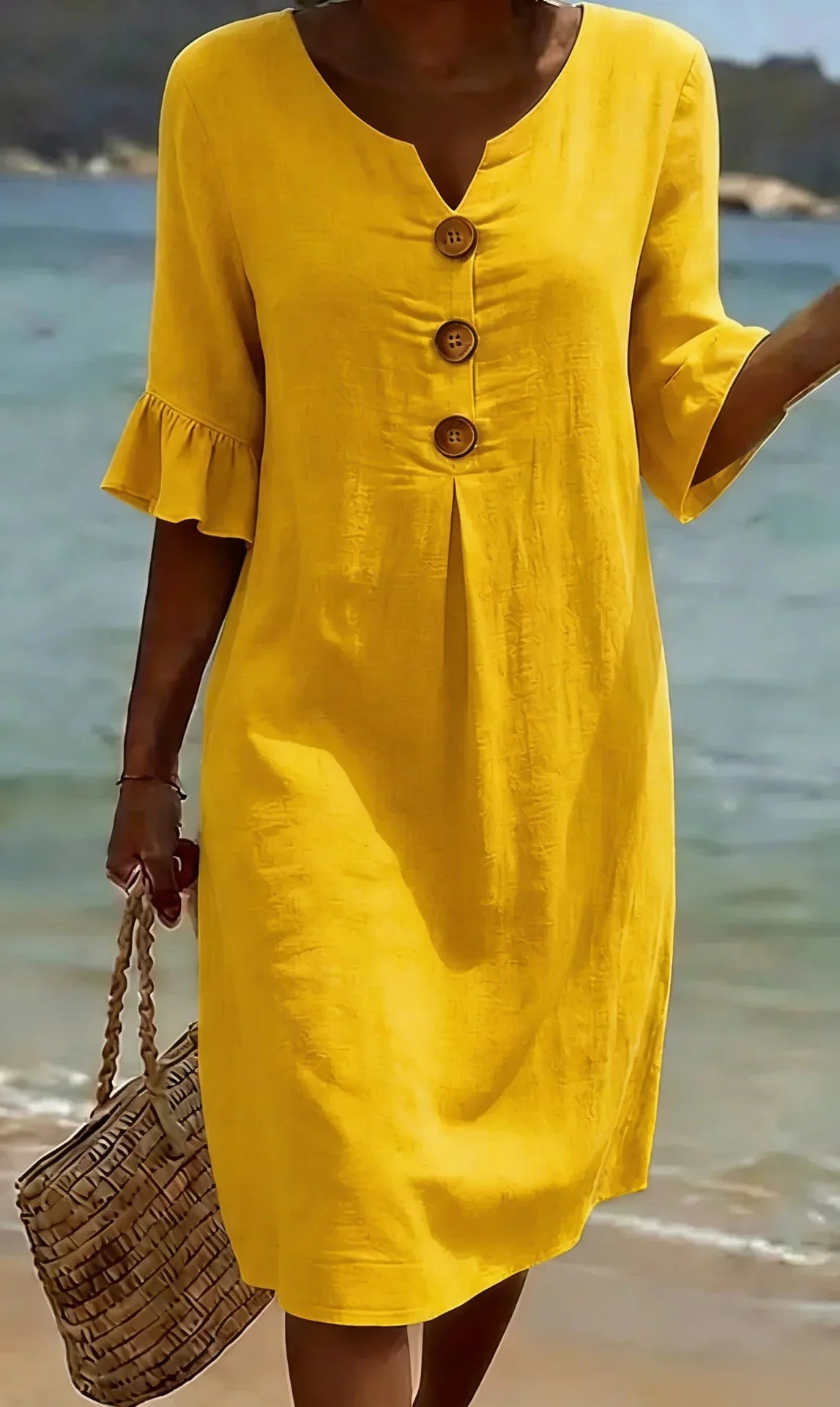 Robe Midi Femme Décontractée à Boutons Décoratifs et Manches Volantées Élégantes