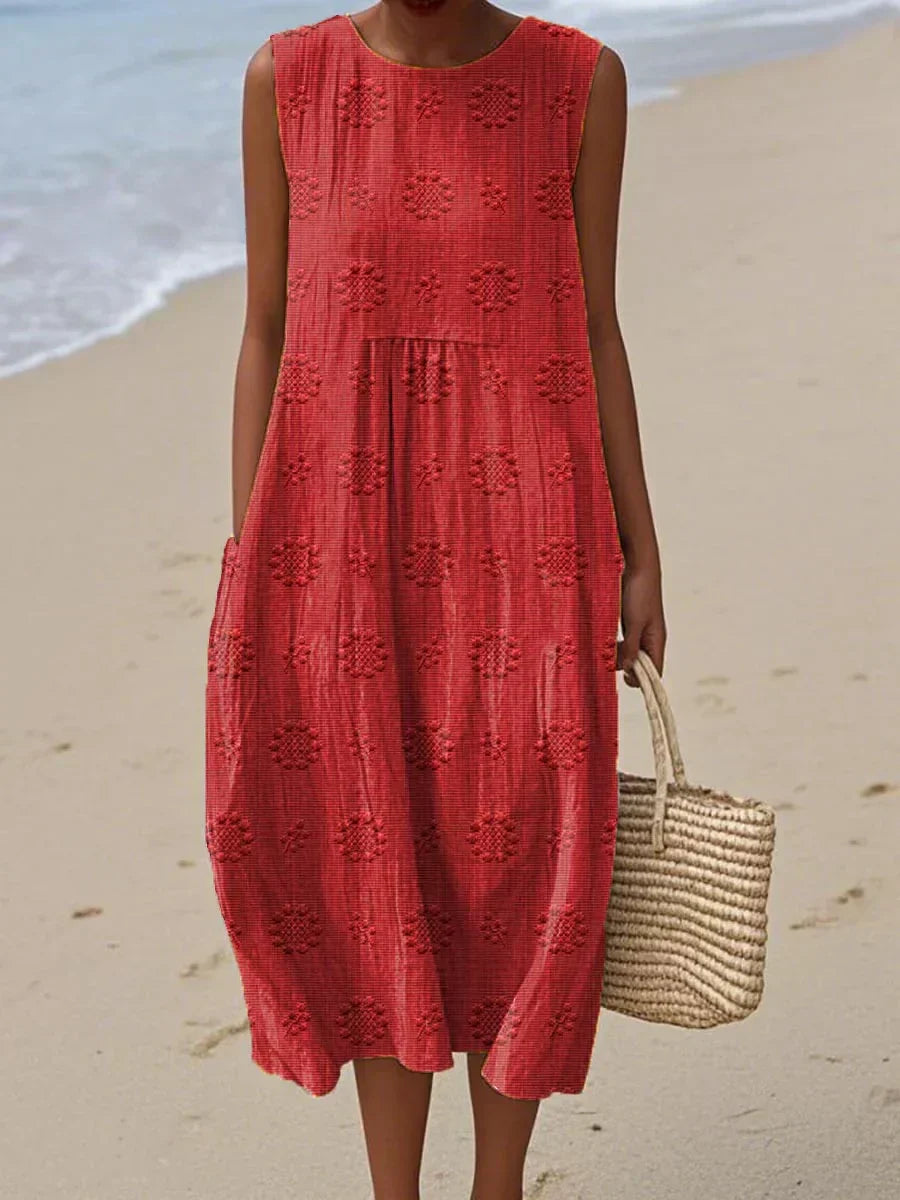 Women's Sleeveless Midi Dress with Bubble Cut and Textured Details