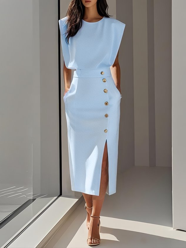 Sleeveless Midi Dress with Decorative Buttons and Slit