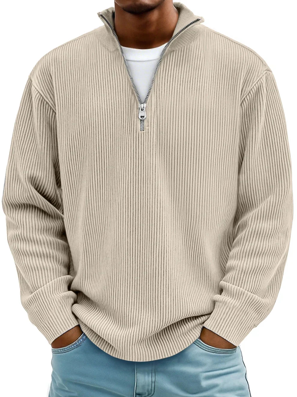 Ribbed Men's Pullover with Zippered Collar