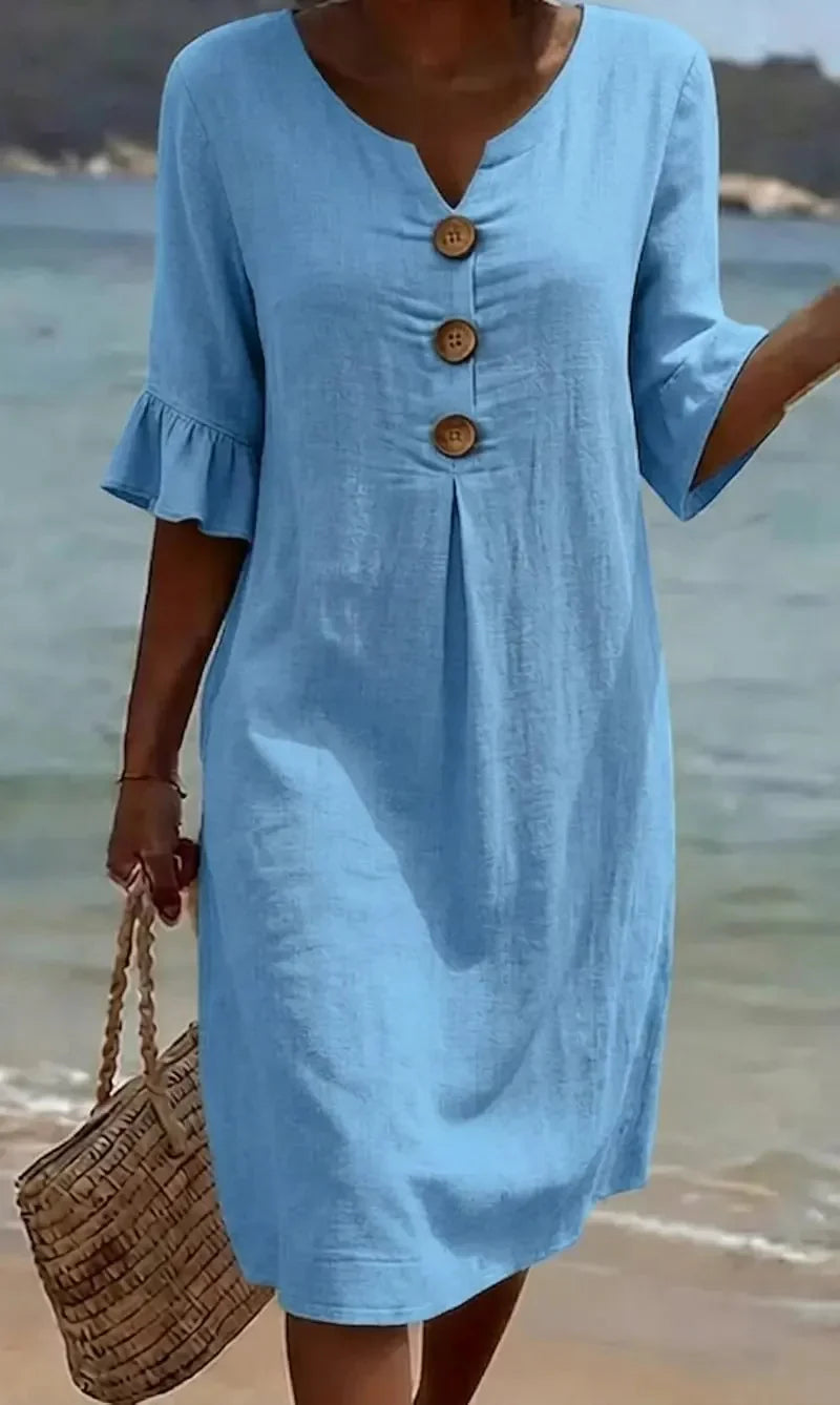 Robe Midi Femme Décontractée à Boutons Décoratifs et Manches Volantées Élégantes