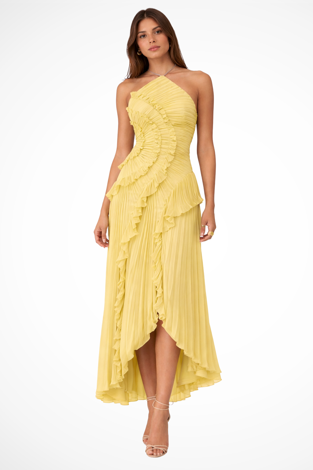 Robe longue femme sans manches à dos nu et volants pour invitée de mariage