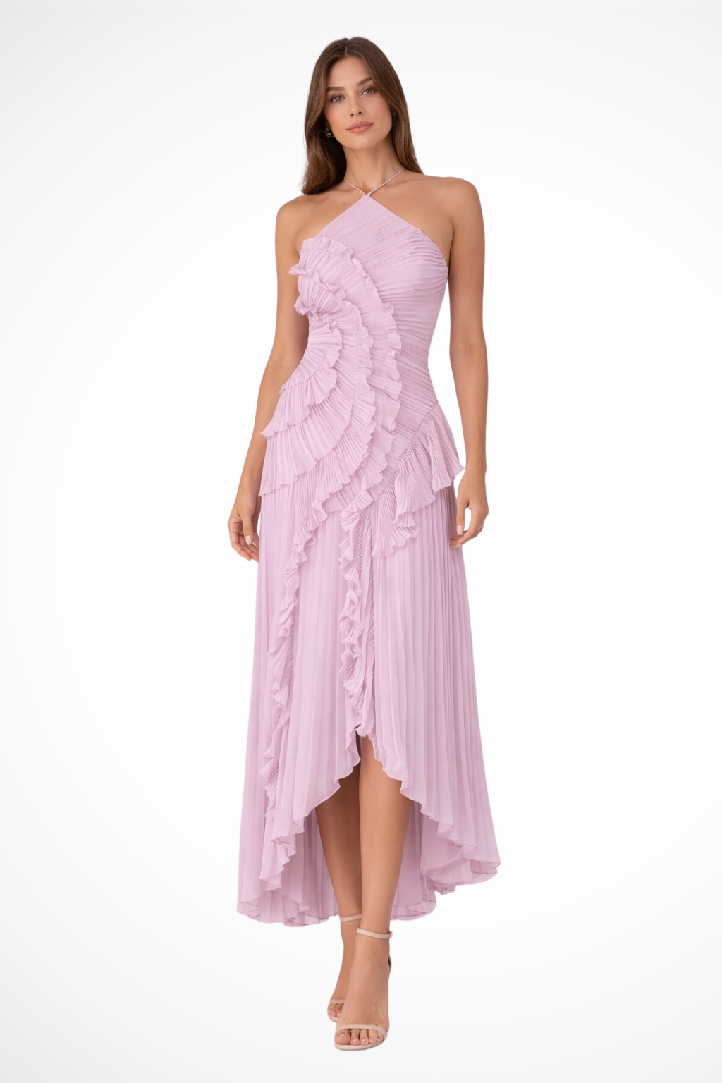 Robe longue femme sans manches à dos nu et volants pour invitée de mariage