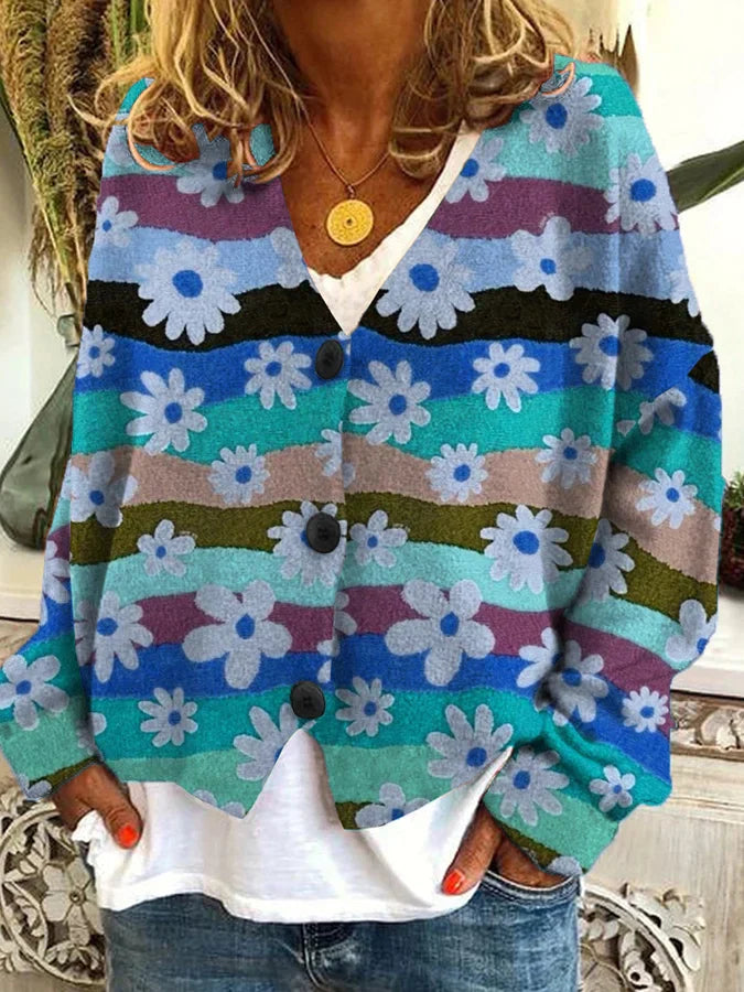Casual V-Neck Cardigan with Colorful Floral Pattern for Women