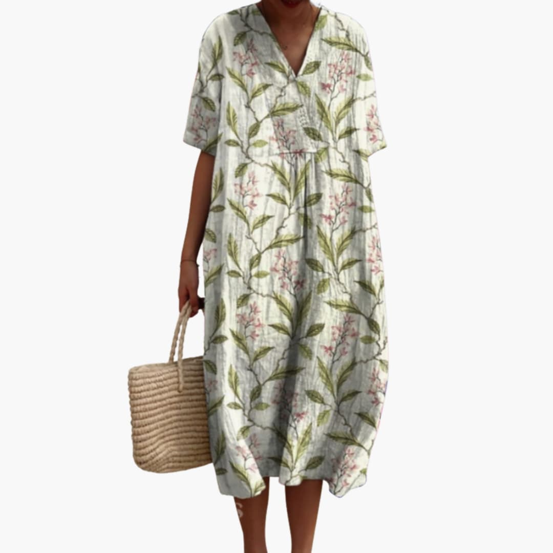 Robe Midi Fleurie Décontractée à Col V pour Femme