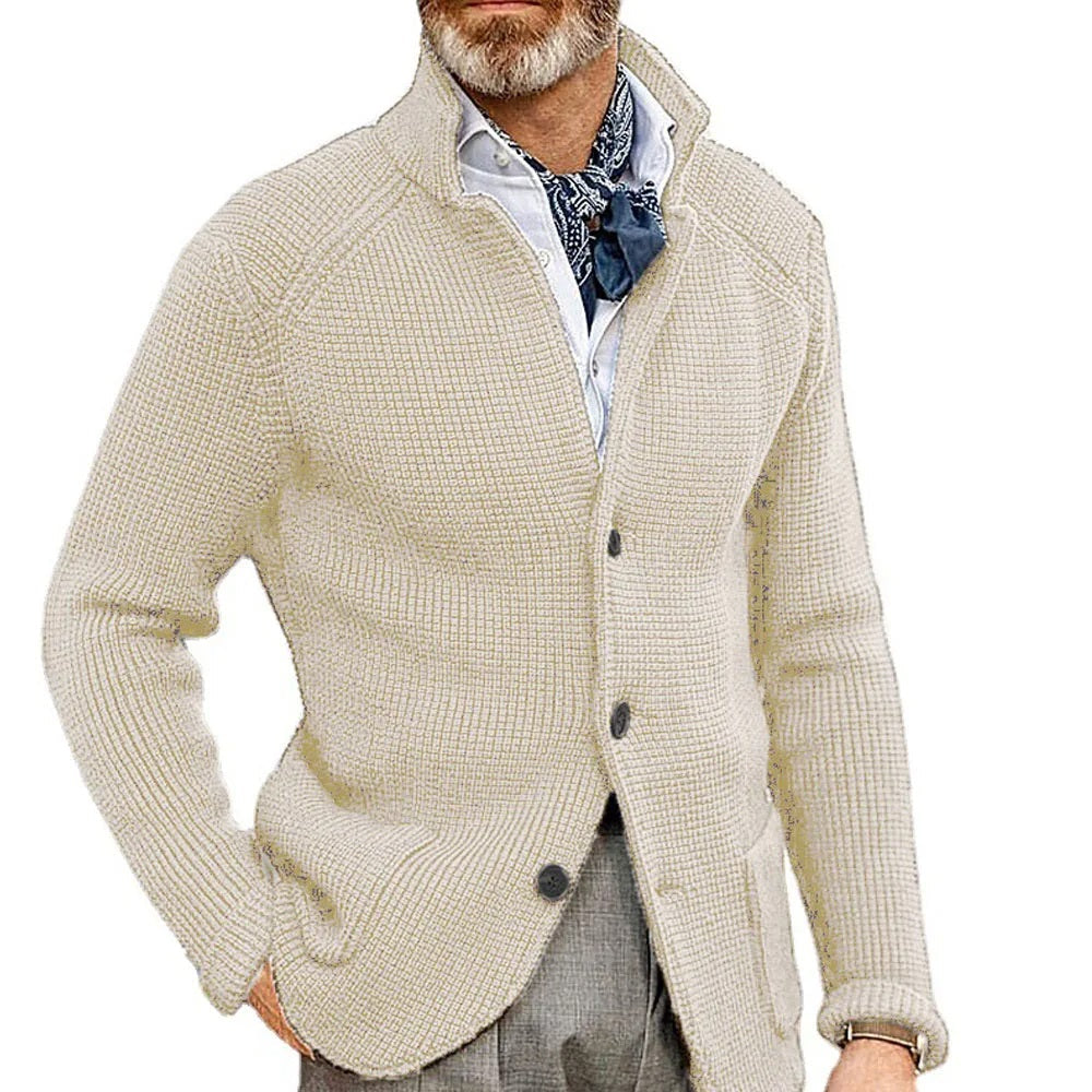 Men’s buttoned-up cardigan with a stand-up collar