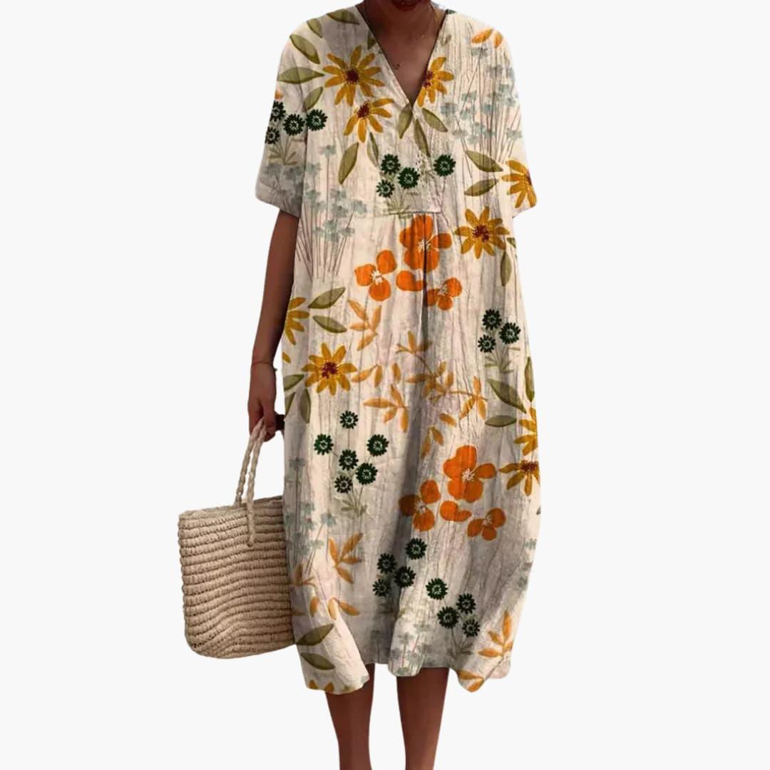 Robe Midi Fleurie Décontractée à Col V pour Femme