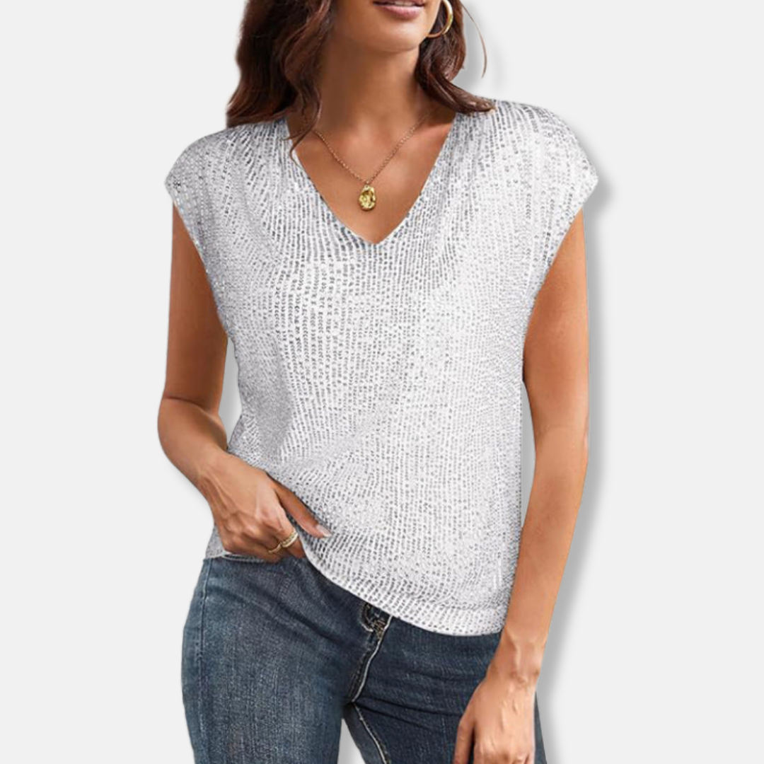 Women's Sequin Top with V-Neck and Short Sleeves