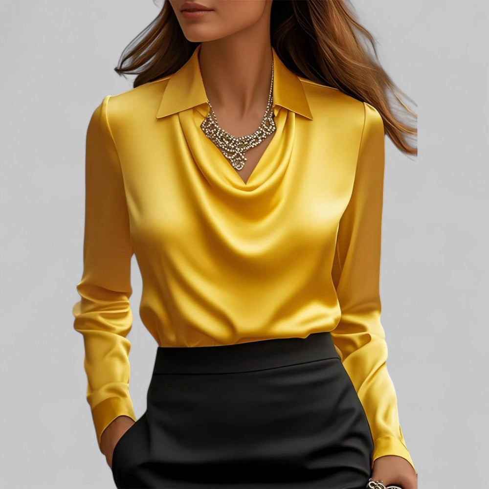 Rose| Satin Long-Sleeve Draped Collar Blouses for Women