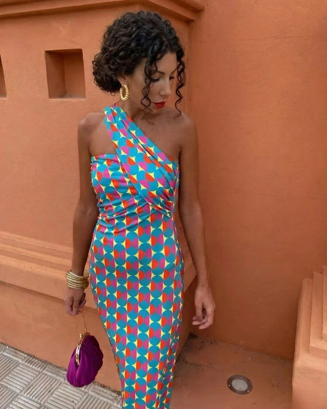 Women's Asymmetric Long Dress with One Shoulder and Geometric Print