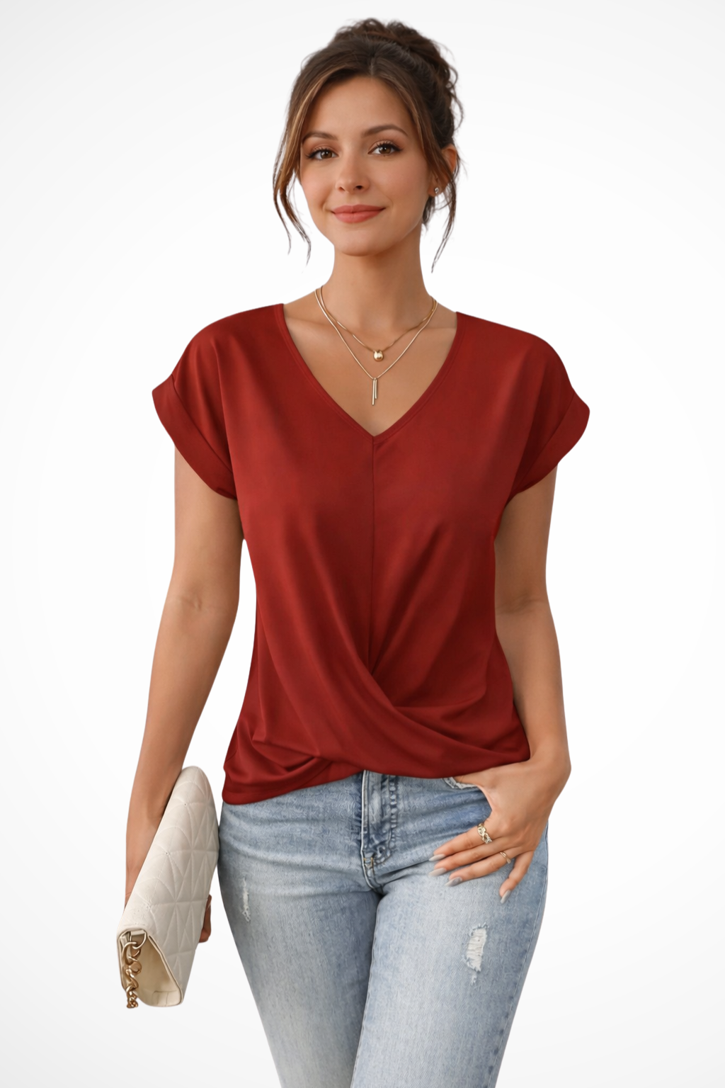 T-Shirt Femme Col V Drapé Décontracté Chic