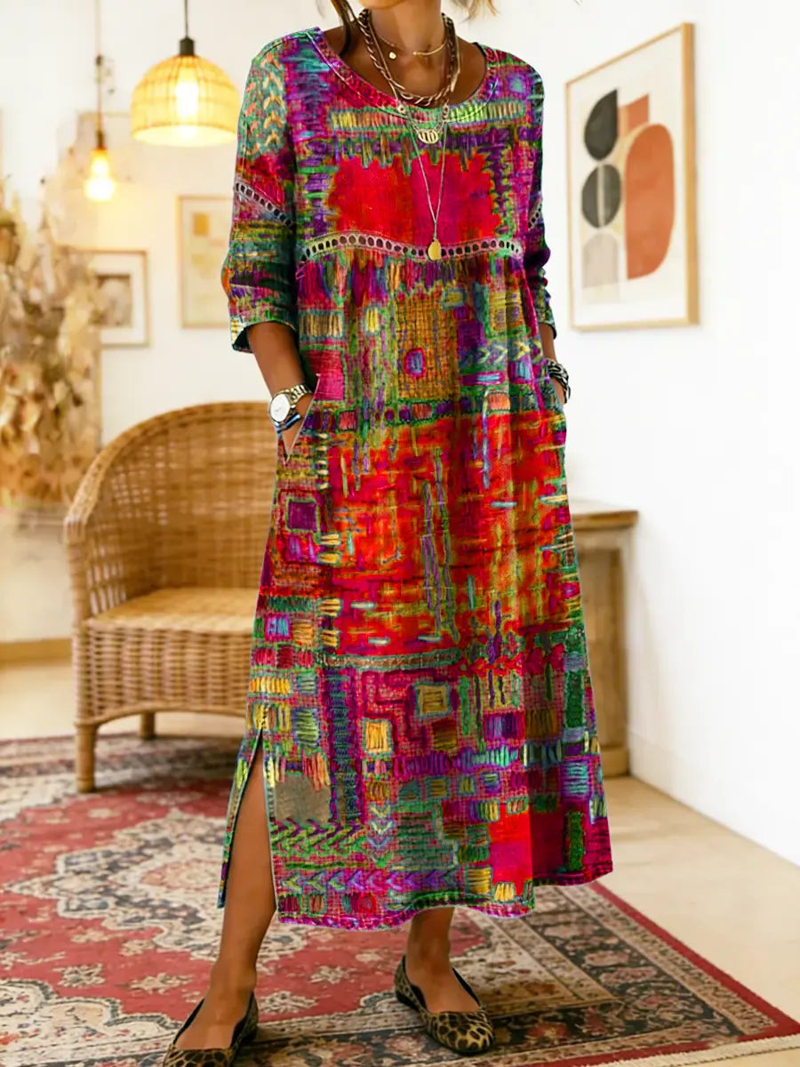 Robe Midi Femme à Imprimé Artistique et Fente Latérale