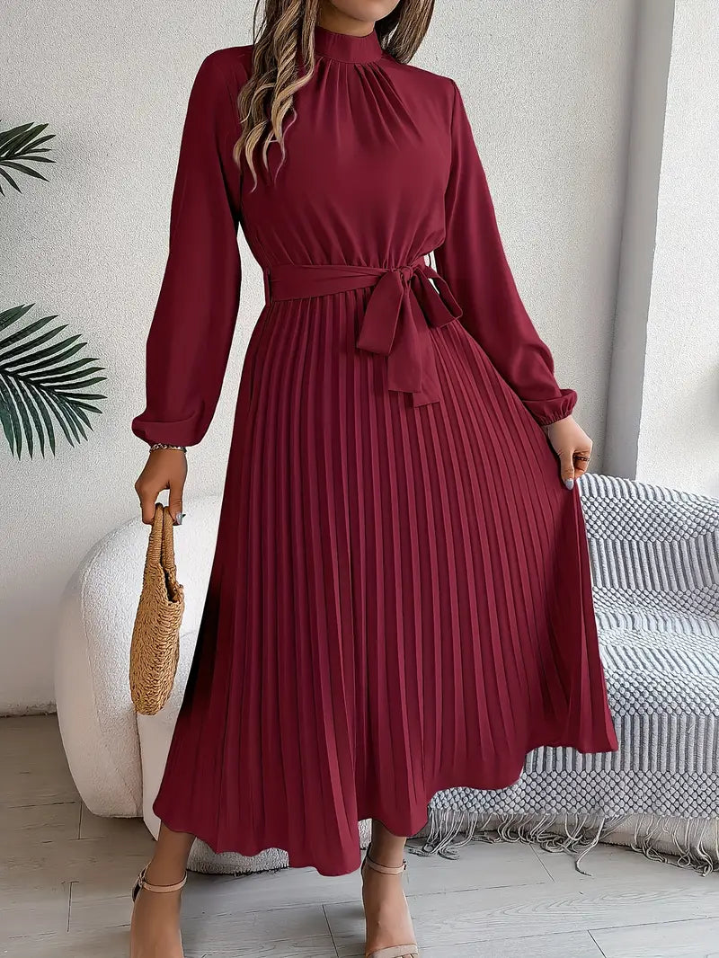 Vestido midi plisado para mujer con cuello alto