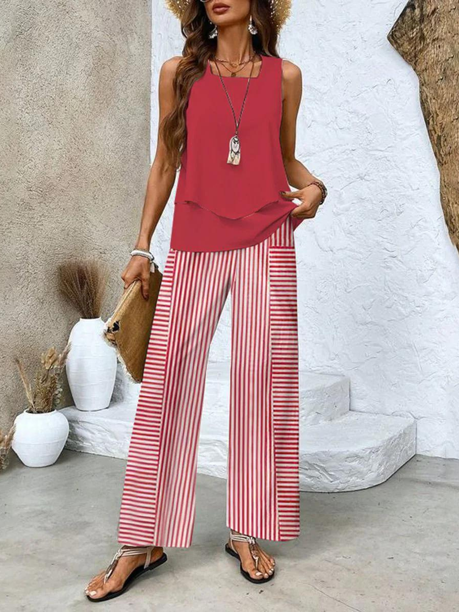 Ensemble Femme Décontracté - Top Sans Manches et Pantalon Large Imprimé