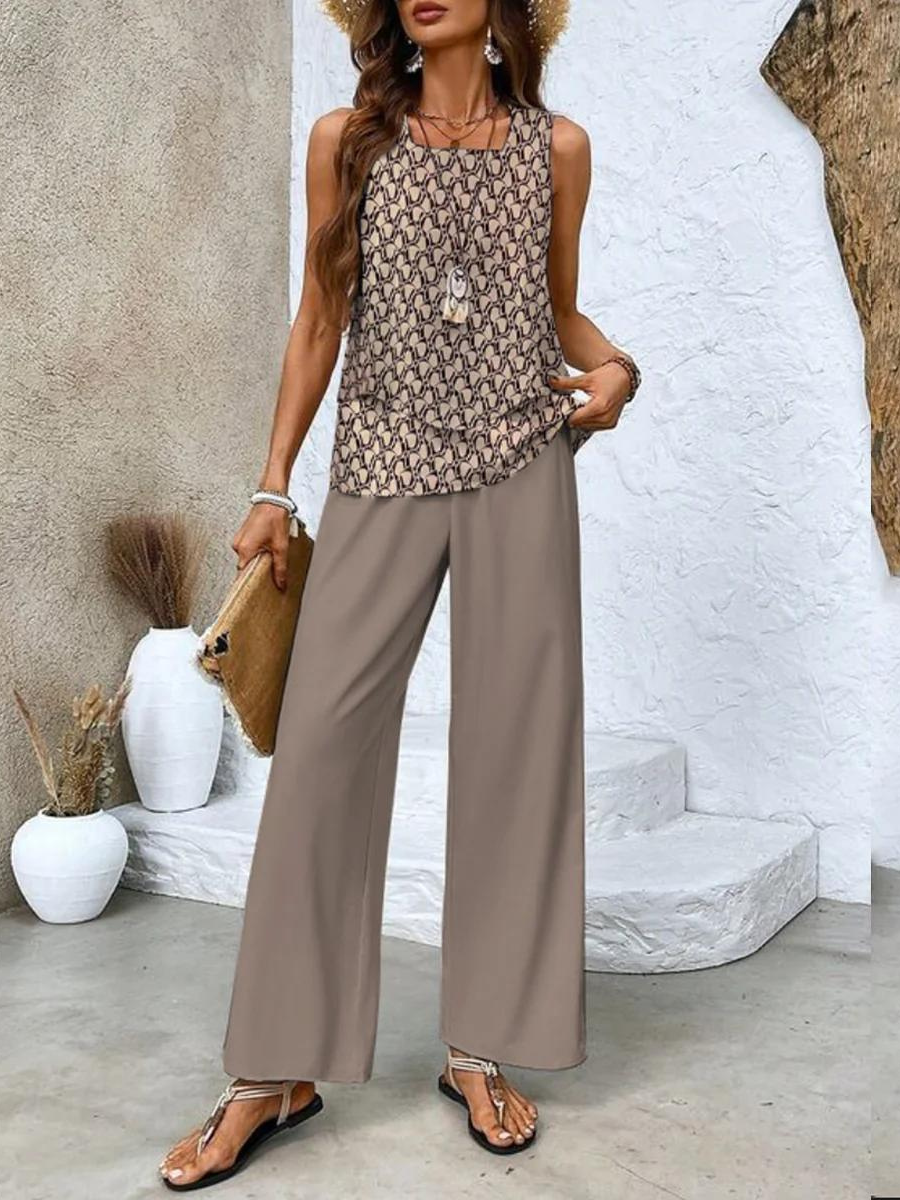 Ensemble Femme Décontracté - Top Sans Manches et Pantalon Large Imprimé