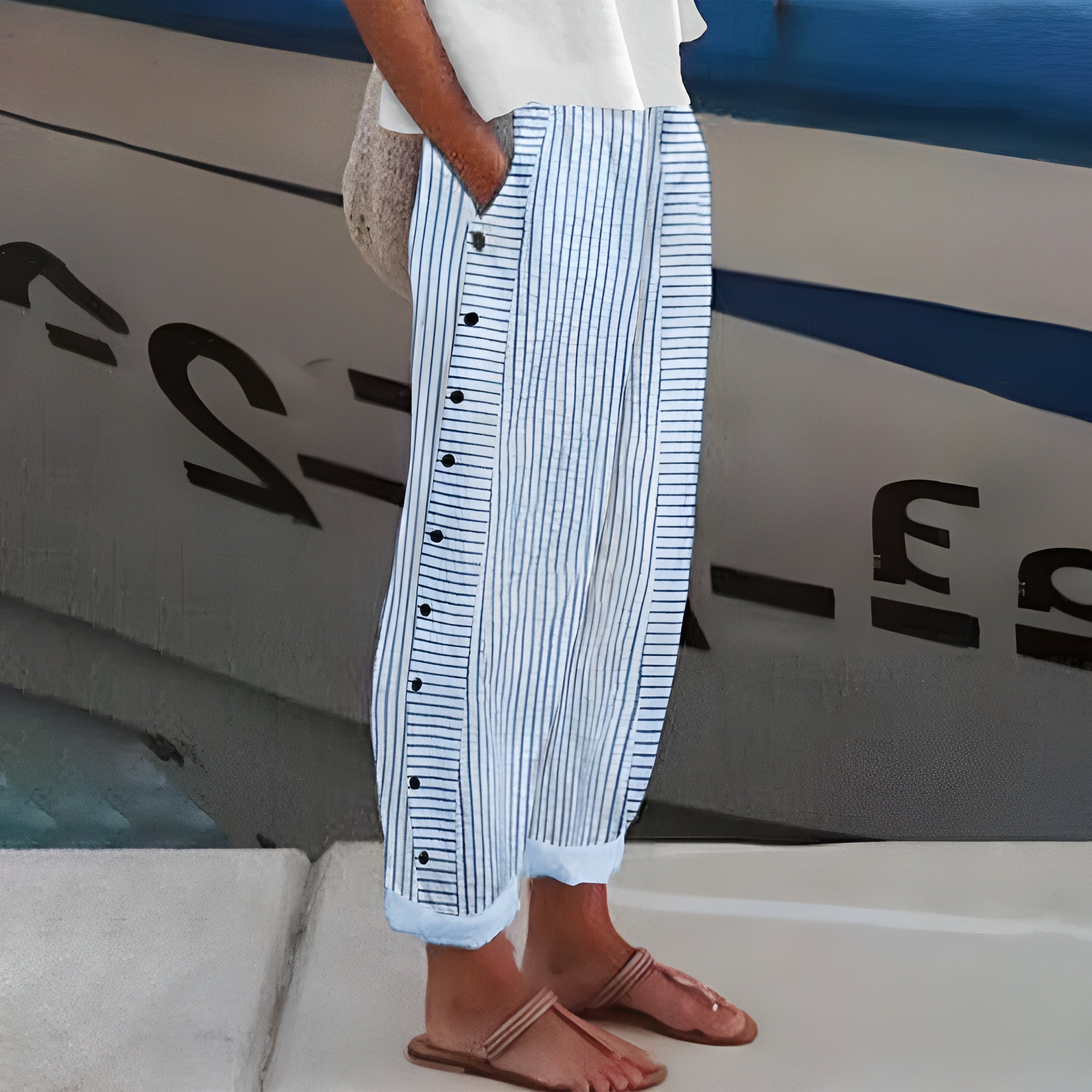 Pantalon Rayé Femme Coupe Large Boutonné Style Décontracté