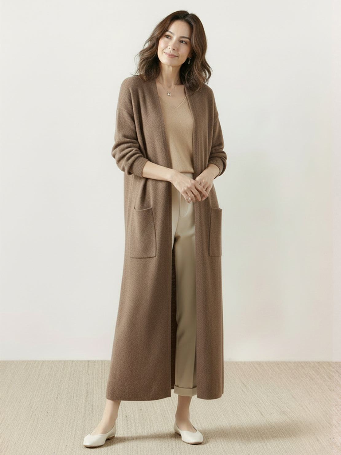 Cárdigan largo de punto abierto por delante para mujer