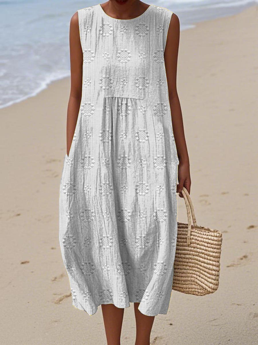 Women's Sleeveless Midi Dress with Bubble Cut and Textured Details