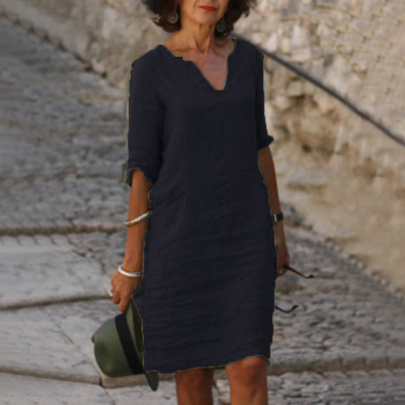 Robe midi femme col V manches trois quarts coupe décontractée style minimaliste