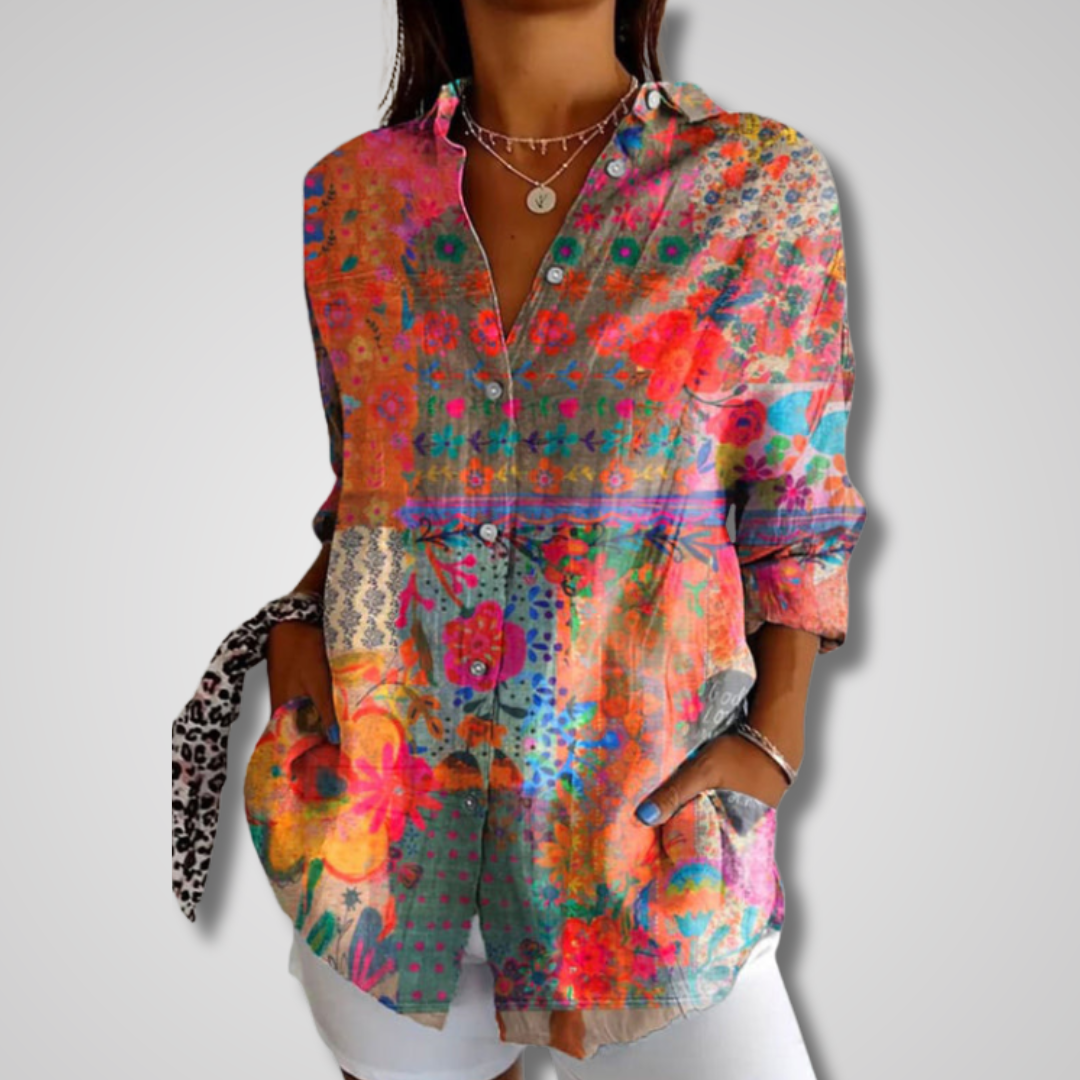 Chemisier Décontracté à Imprimé Floral Artistique avec Col Chemise et Coupe Ample
