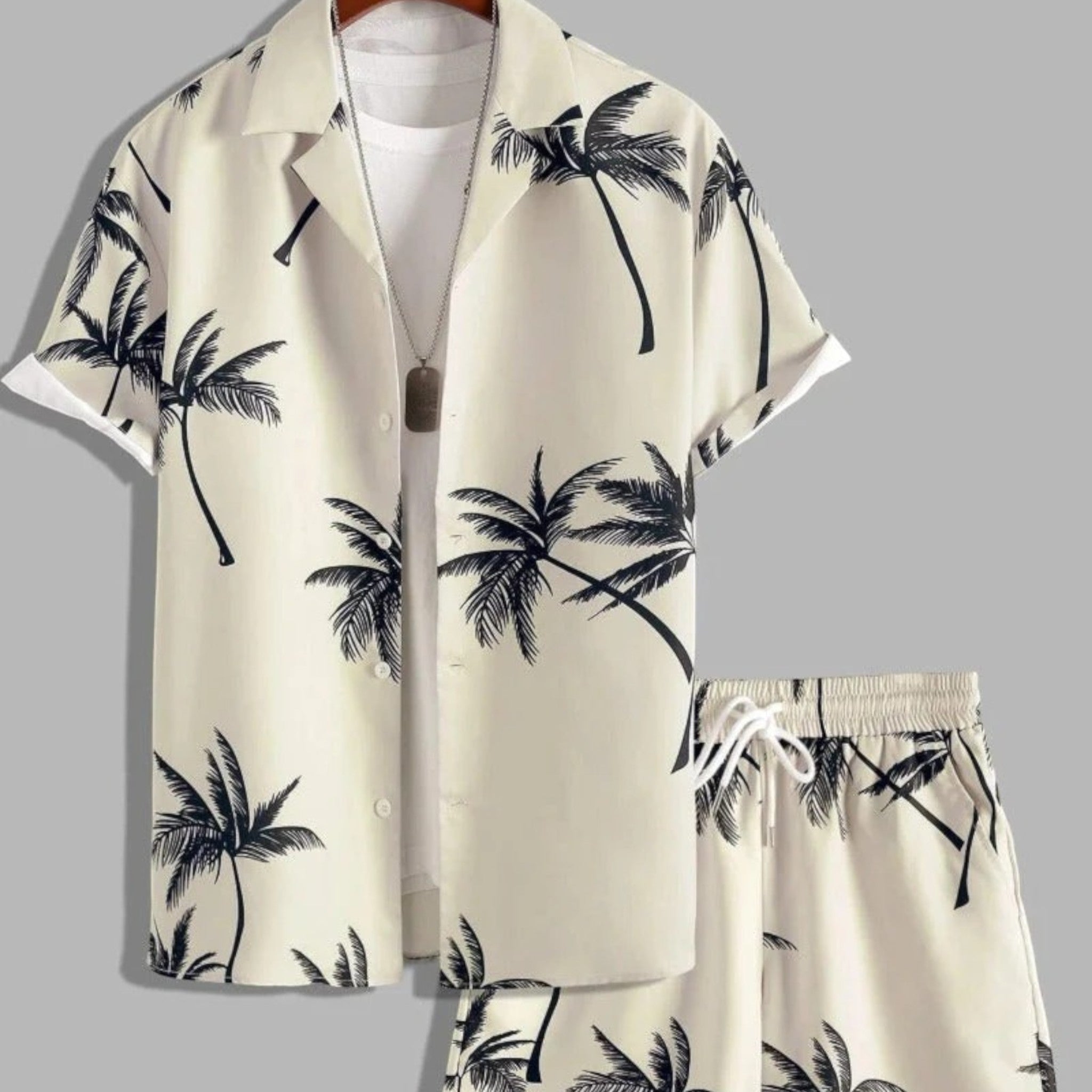 Short Sleeve Shirt and Tropical Print Shorts Set for Men