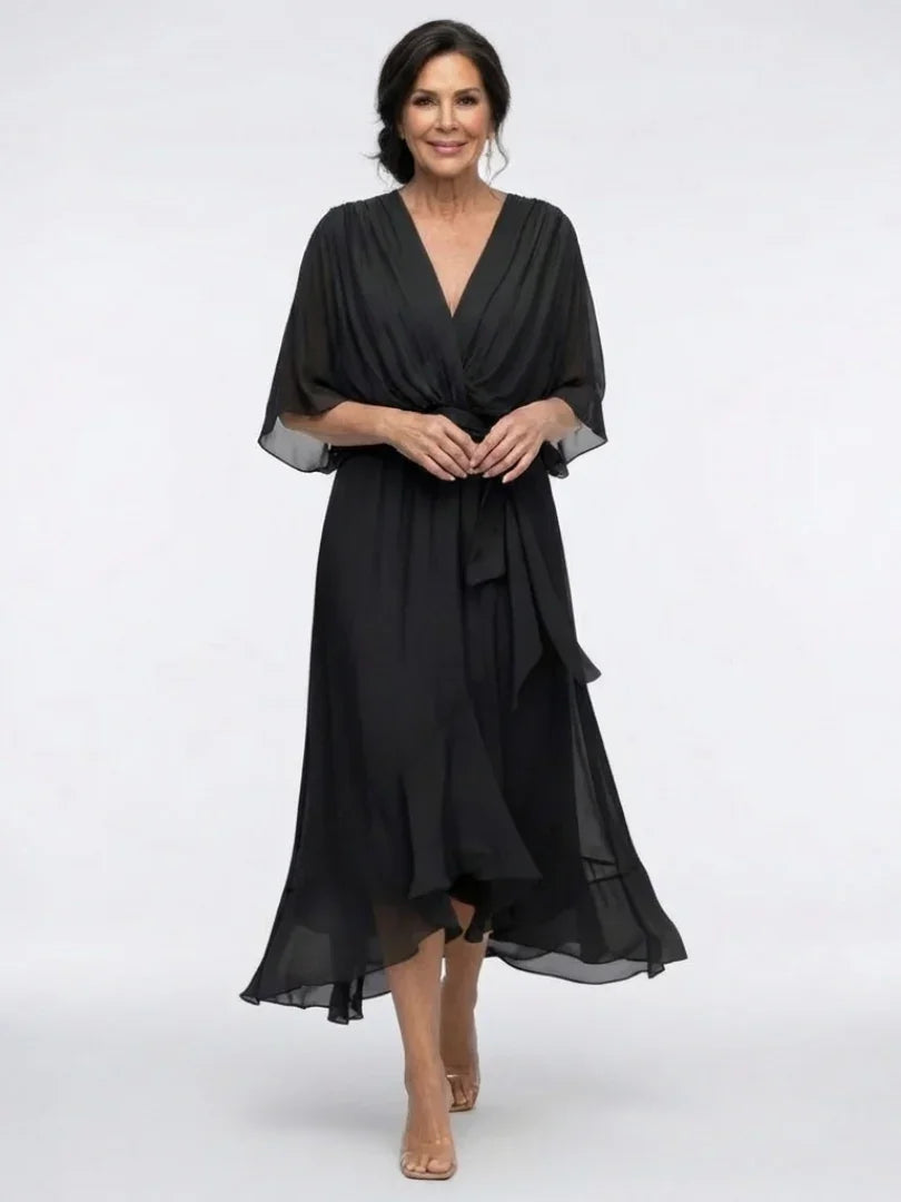 Vestido midi para mujer con escote cruzado fluido y cinturón anudado