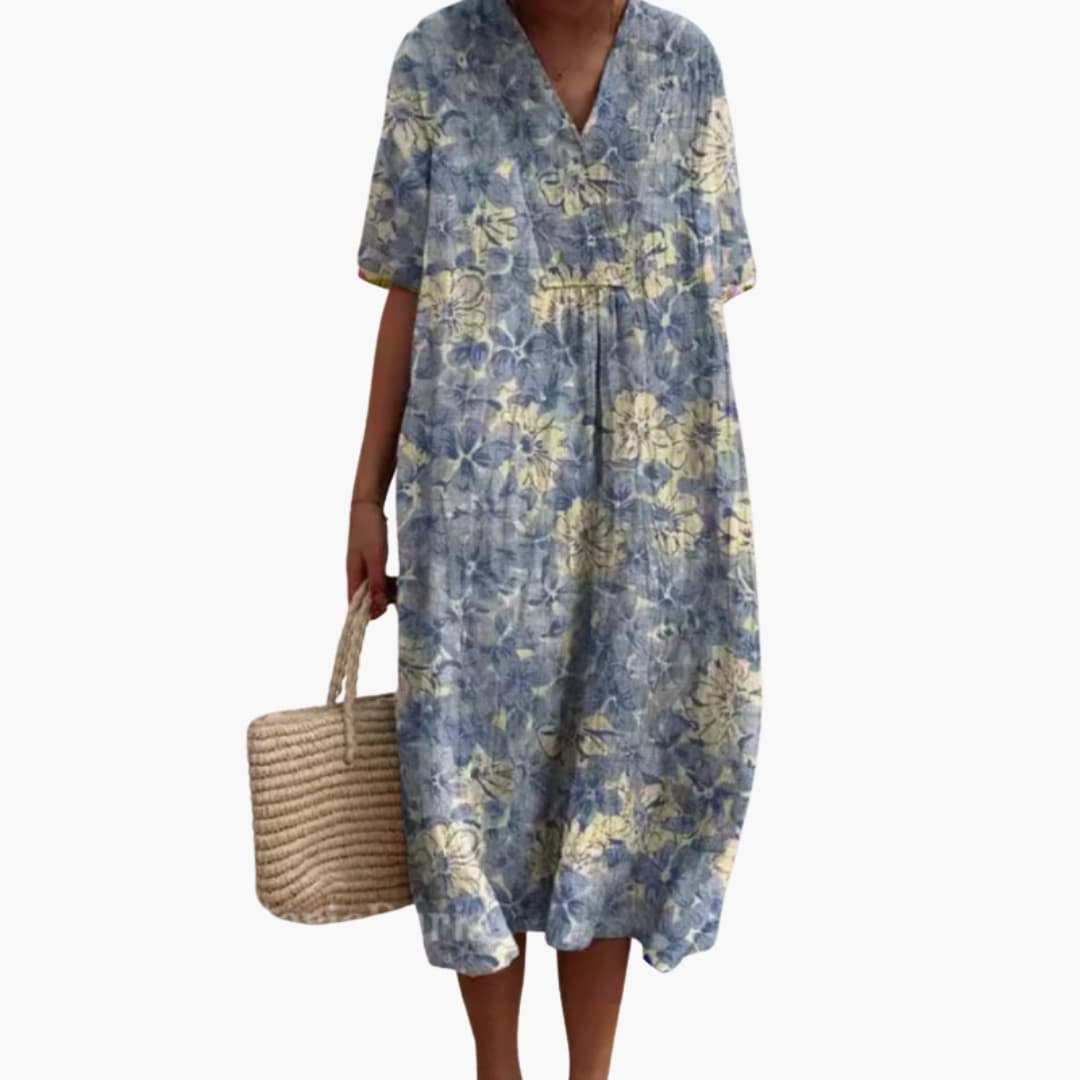 Robe Midi Fleurie Décontractée à Col V pour Femme