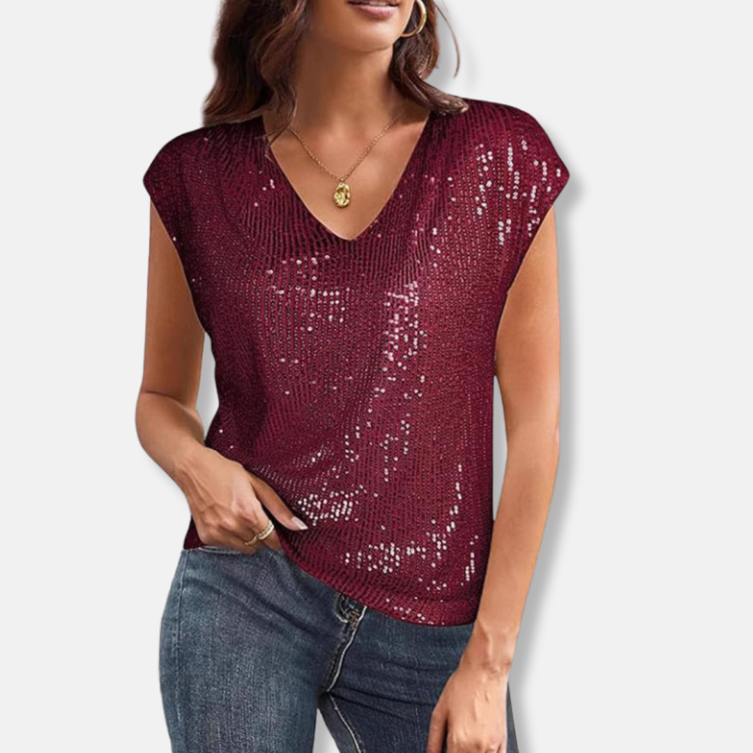 Women's Sequin Top with V-Neck and Short Sleeves