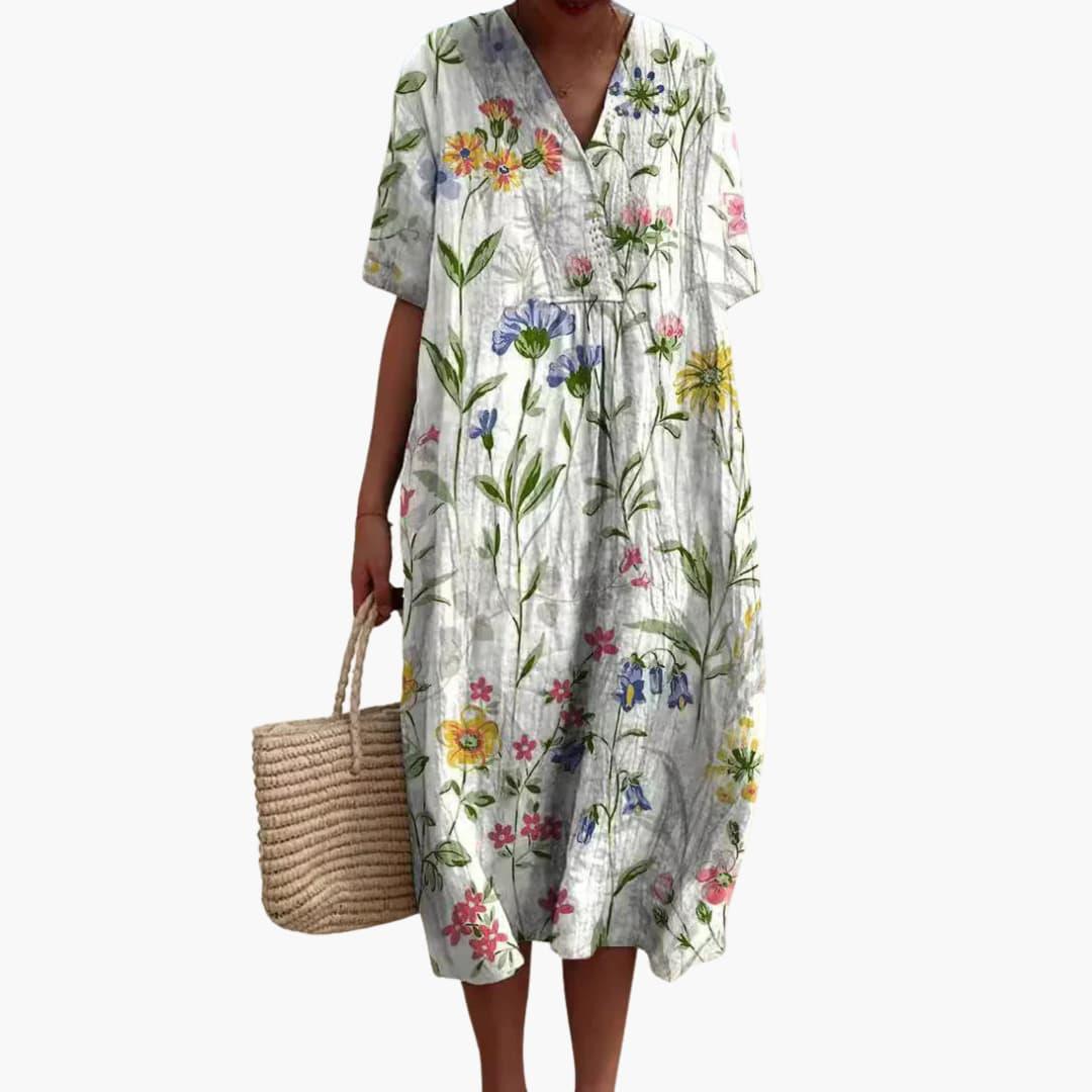 Robe Midi Fleurie Décontractée à Col V pour Femme