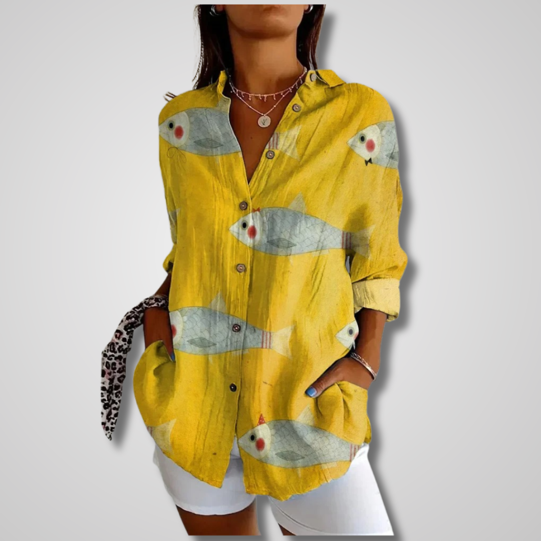 Chemisier Décontracté à Imprimé Floral Artistique avec Col Chemise et Coupe Ample