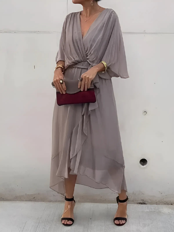 Robe midi fluide pour femme, col en V et manches chauve-souris
