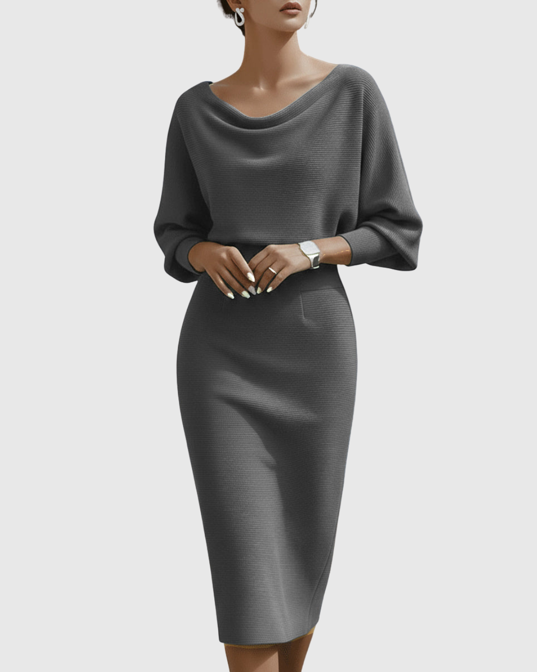 Draped Midi Dress with Batwing Sleeves for Women