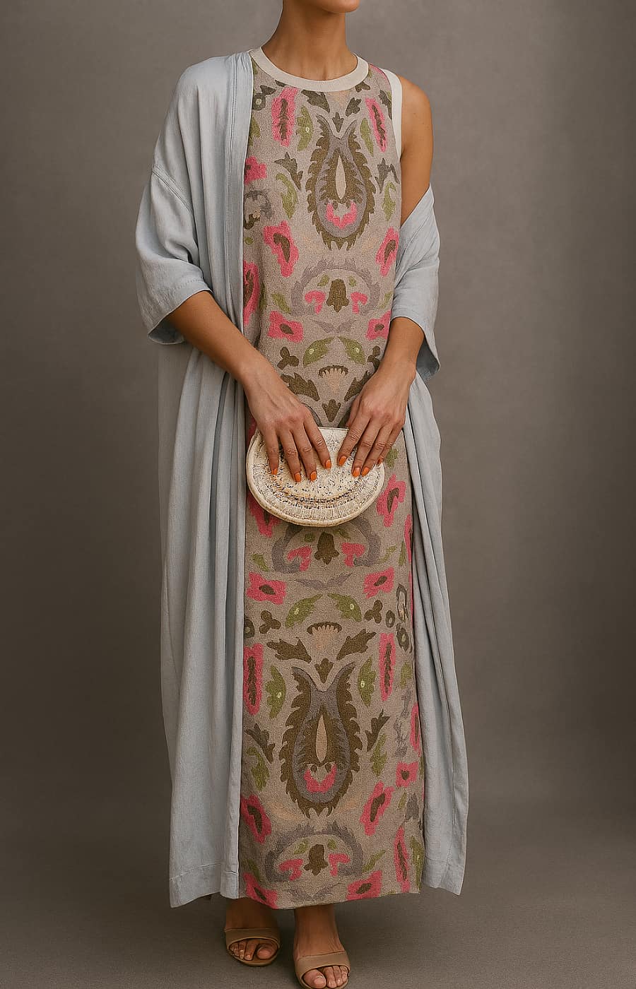 Women's 2-Piece Set Long Printed Dress and Matching Cardigan