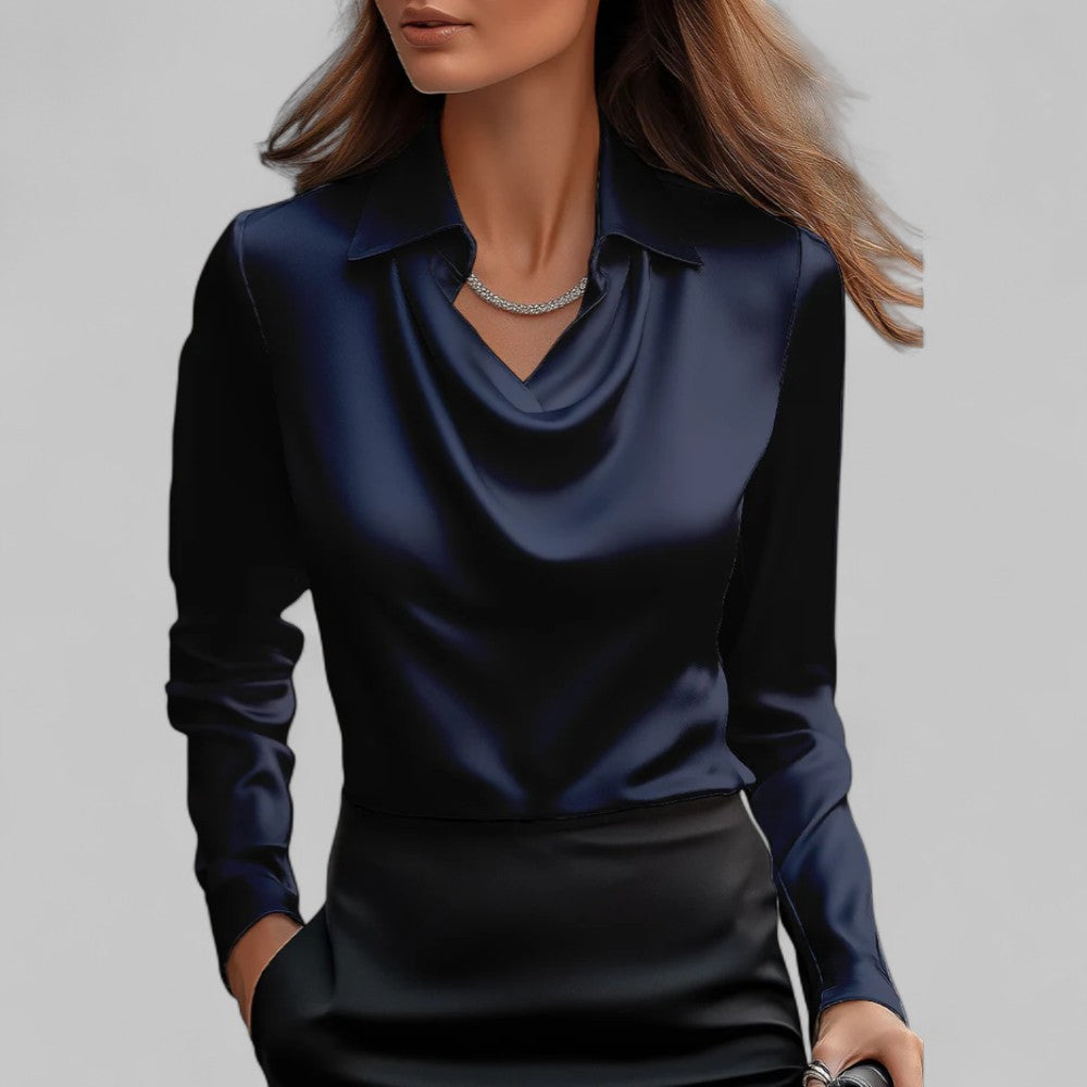 Rose| Satin Long-Sleeve Draped Collar Blouses for Women