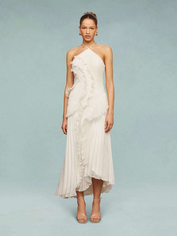 Robe Maxi Asymétrique Plissée à Volants Cascades avec Encolure Croisée