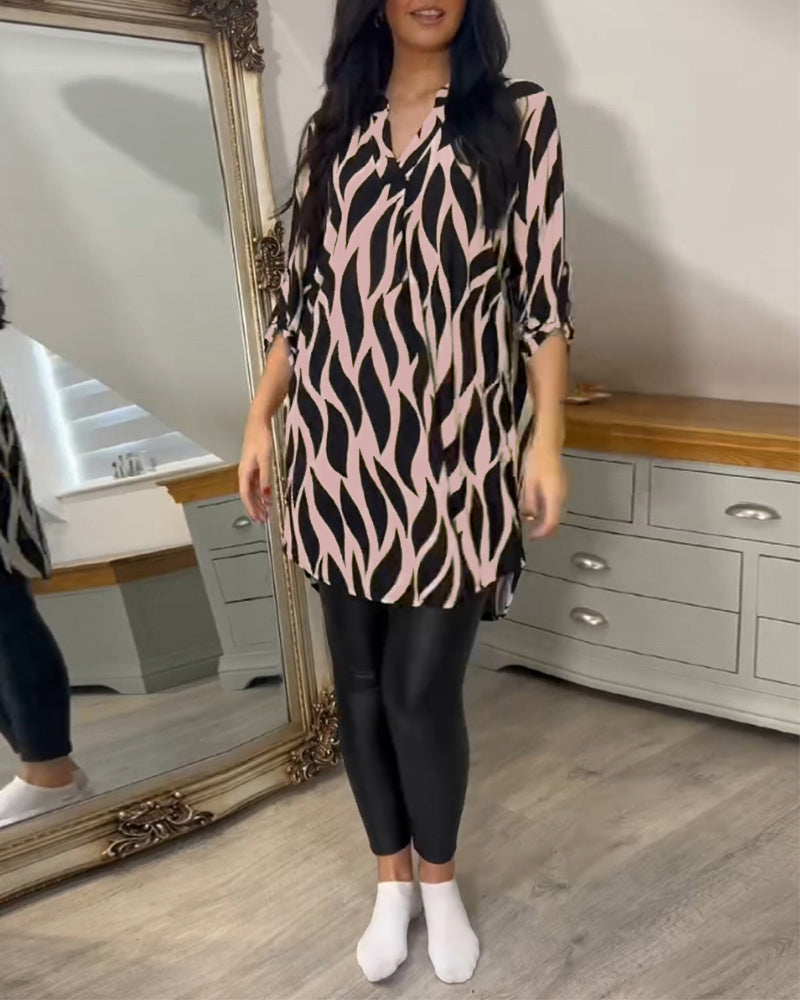 Blouse Tunique à Col en V et Motif Abstrait Pour Femme