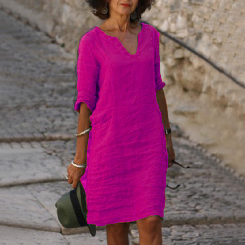 Robe midi femme col V manches trois quarts coupe décontractée style minimaliste
